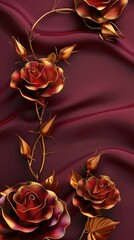Aufkleber - Minimal 3D Abstract Composition Featuring Golden-Accented Vintage Crimson Roses on a Smooth Burgundy Background