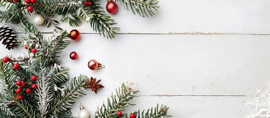 Aufkleber - Festive Christmas arrangement featuring a tree on a white wooden backdrop for a flat lay top view copy space image