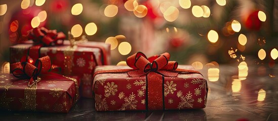 Poster - Festive Christmas gift boxes with themed wrapping and a defocused background of Christmas lights provide space for a copy space image