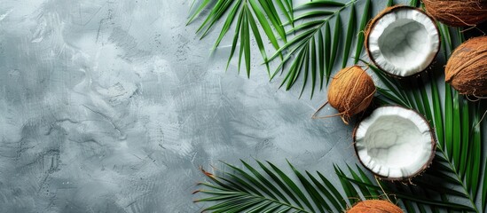 Aufkleber - Fresh coconut with green palm leaves on gray concrete background with copy space image