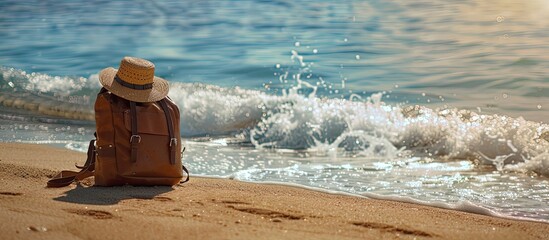 Wall Mural - A sandy beach with a brown hat and knapsack by the sea showing seawater washing up the shore post wave with sandy texture visible in the background for a copy space image