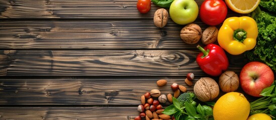 Poster - Top view of fresh fruits vegetables and nuts on a wooden background creating a healthy food concept with available copy space image
