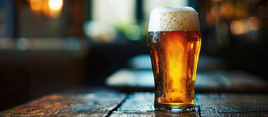 Poster - Fresh beer in a glass on a table at a pub with copy space image