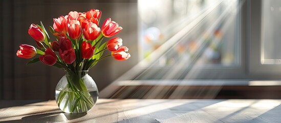 Poster - Tulips in a vase on a table with a clean copy space image
