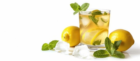 Aufkleber - Fresh lemons and mint leaves complement a Virgin Mint Julep in a clear glass on a white background with copy space image
