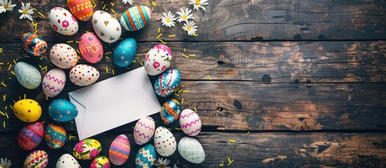Poster - Top view of a wooden table with an Easter greeting card surrounded by colorful Easter eggs perfect for your own message with copy space image