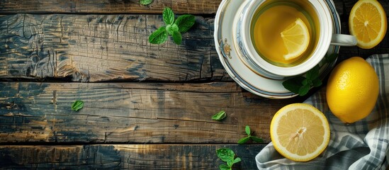 Aufkleber - Healthy drink comprising green tea and lemon in a teapot placed on a rustic wooden table with copy space image