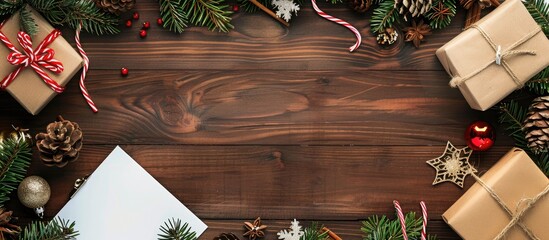 Wooden table decorated for Christmas with white paper holiday trinkets and a space for text in a top view copy space image for wish lists or plans