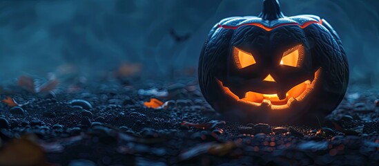 Poster - An eerie glowing Jack o lantern set against a dark backdrop provides a spooky Halloween vibe perfect for a copy space image