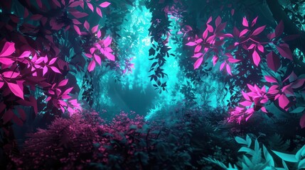 Fototapete - 3D abstract forest where digital foliage glows with neon light, weaving a tapestry of colors in shades of neon magenta and cybernetic turquoise.