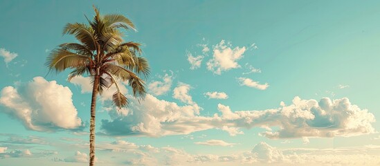 Poster - Summer beach scene with a palm tree under a blue sky with fluffy clouds offering copy space Soft pastel colors create a blurred background emphasizing a minimalist vibe