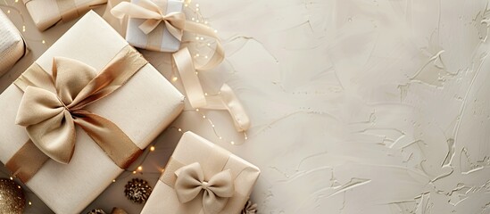 Poster - Gift boxes adorned with bows on a softly blurred white backdrop embodying a festive essence with a blank space for images. Creative banner. Copyspace image