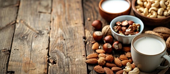 Poster - Variety of nuts and vegan milk displayed on wooden table with copy space image