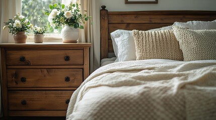 Aufkleber - Cozy bed chest of drawers and bedside bench in beautiful bedroom : Generative AI