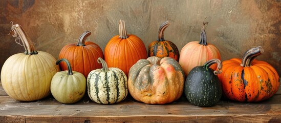 Poster - Various pumpkins displayed on a wooden table ideal for a copy space image