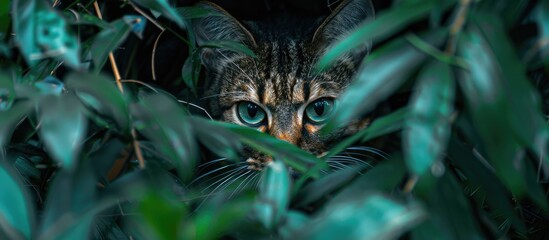 Poster - Feline peering from tall green foliage in a copy space image