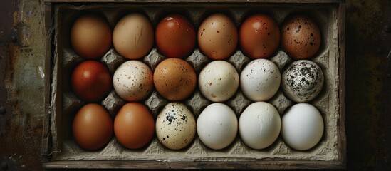 Aufkleber - Eggs from chickens and quails are arranged in a box against a dark backdrop providing a clear copy space image
