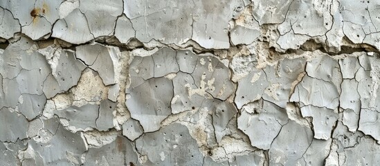 Wall Mural - Old cement background showing a gray cracked concrete wall with protruding stones providing visual interest in a copy space image