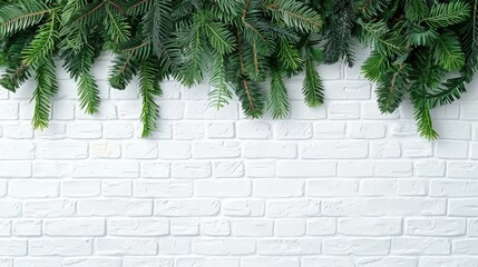 Wall Mural - Festive background with decorated artificial fir branches on white brick wall. Text or product space