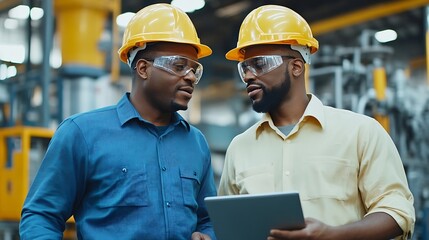 Leinwandbilder - Two Professional Heavy Industry Engineers Wearing Hard Hats at Factory Walking and Discussing Industrial Machine Facility Working on Laptop African American Manager and Technician at W : Generative AI