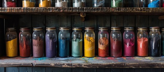 Sticker - Vividly colored powder displayed in glass jars atop a rustic wooden shelf showcasing an assortment of hues with copious copy space image