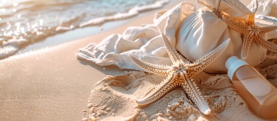Poster - Sun protection care with a beach setting of sunscreen starfish and a bag with room for a copy space image