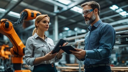 Poster - Female engineer and male project manager standing in modern industrial factory talking about production of wooden furniture Big furniture manufacturing facility with robotics and autom : Generative AI