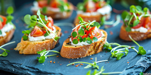 Sliced ​​bread bruschetta with cream cheese, tomatoes and micro greens closeup on a dark background.