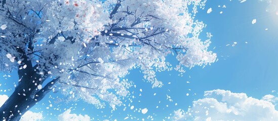 Poster - A stunning cherry tree blooming with fragrant flowers against a blue sky perfect for a copy space image
