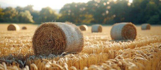 Poster - Straw bales laying in a field with stubble ideal for a copy space image