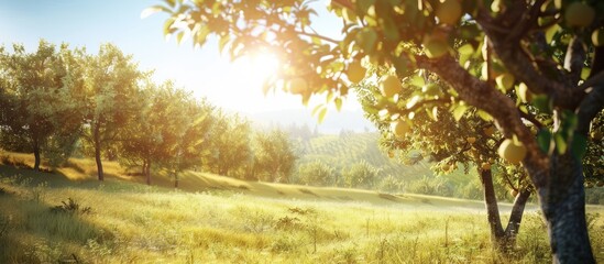 Poster - A scenic orchard on a sunny late summer day with space for text over a picture. . image with copy space