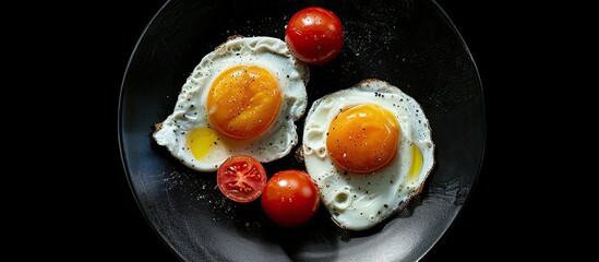 Canvas Print - Food photography of deep fried eggs with tomato on a black plate featuring a striking copy space image