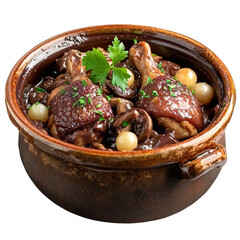 Wall Mural - front view of Coq au Vin (chicken braised in red wine) with mushrooms and pearl onions, elegantly isolated on a white transparent background