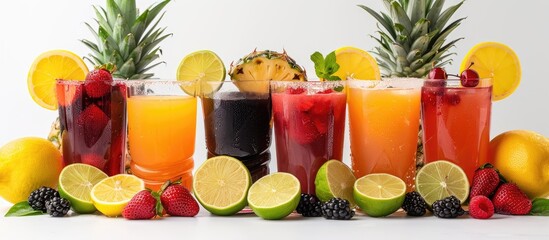 Poster - Assorted fruit juices with fresh fruits like pineapple strawberries blackberries limes and lemons on a white backdrop for a copy space image