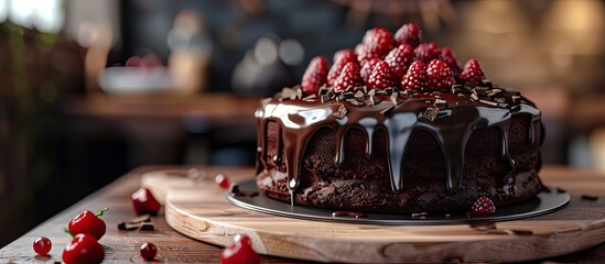 Poster - Delicious and moist homemade chocolate cake with copy space image