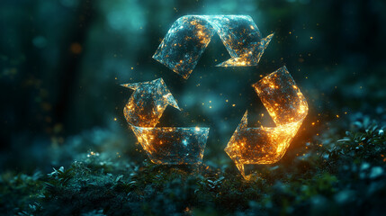 Recycle, Revive, Renew: A fiery, ethereal recycling symbol illuminates a lush, verdant forest, symbolizing the power of sustainability and environmental responsibility.