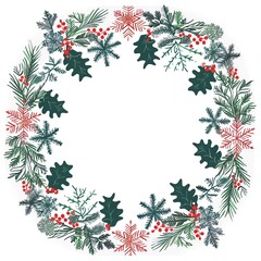 Festive holiday wreath featuring pine branches, holly leaves, snowflakes, and red berries in a circular arrangement on a white background.