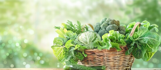 Poster - Basket featuring a variety of green leafy vegetables with copy space image