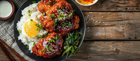 Poster - Korean fried chicken served with a spicy sauce on a wooden table with rice seaweed and kimchi pickle creating a vibrant presentation with copy space image