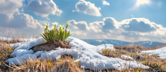 Poster - During the initial days of warmth fresh shoots emerge from the soil beside patches of unmelted snow creating an intriguing juxtaposition in this copy space image