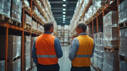 Fototapete - Chief engineer wearing orange safety vest communicating with male engineer staff to assign and control machine working checking the stock of product in warehouse store Foreman with wor : Generative AI