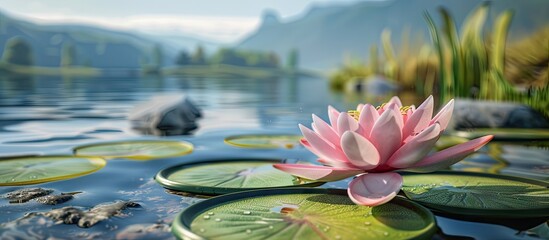 Poster - Close up of a stunning pink lily with a lake in the background and room for text or other graphic elements in the image known as a copy space image