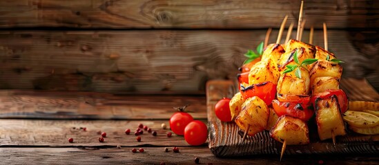 Poster - Skewer with fresh fries on a wooden backdrop creates an inviting copy space image