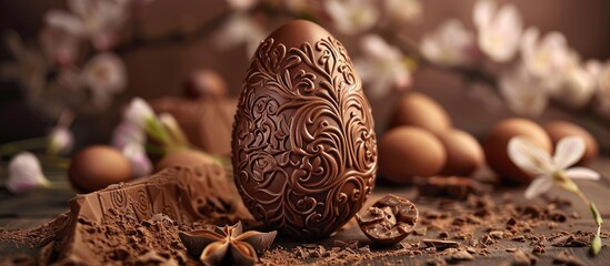 Aufkleber - Tempting chocolate Easter egg with a festive touch perfect for the spring season and adorned with intricate decorations ideal for festive occasions ucchocolate image. . image with copy space