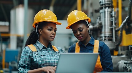 Poster - Two Female Heavy Industry Employees in Hard Hats at Factory Discussing Job Assignments at Industrial Machine Facility Using Laptop Computer Asian Engineer and African American Technici : Generative AI