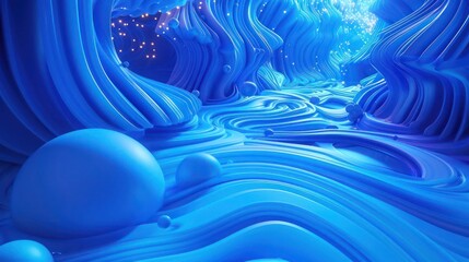 Fototapete - 3D abstract dreamscape adorned with swirling blue blobs, reminiscent of the fluid movement of lava lamps, as they gracefully float and merge