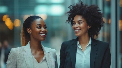 Aufkleber - Successful female executives discuss their goals and plans as they walk together in an office Two business women smile happily while working together in a professional setting : Generative AI