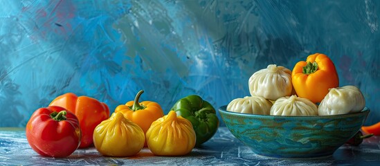 Poster - Colorful dumplings and bell peppers with a blue backdrop providing room for a copy space image