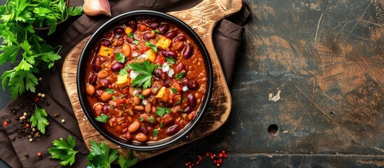 A vegan dip resembling liver sausage made from kidney beans tofu onion and herbs served in a bowl on a kitchen board with parsley garnish featuring a copy space image focused shot