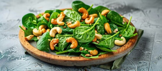 Spinach salad with cashews on a wooden plate displayed on a concrete table with copy space image